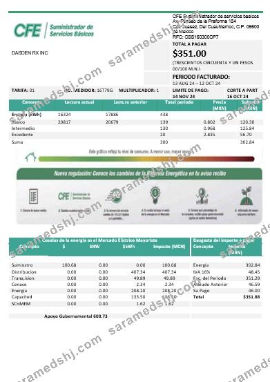 Mexico Electricity CFE business utility bill template in Word and PDF formats, fully editable